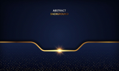 Luxury dark blue overlap dimension background on metal pattern. Colorful golden glitters halftone texture with shiny realistic golden elements. Modern vector design template.