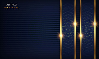 Luxury dark blue overlap dimension background on metal pattern. Colorful golden glitters halftone texture with shiny realistic golden elements. Modern vector design template.