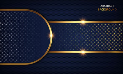 Luxury dark blue overlap dimension background on metal pattern. Colorful golden glitters halftone texture with shiny realistic golden elements. Modern vector design template.