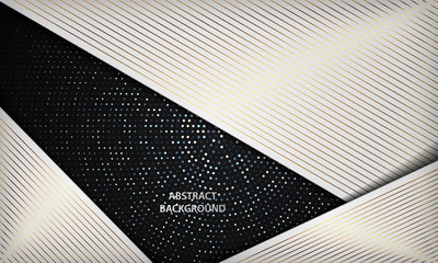 Abstract luxury black and white overlap background with silver circle glitters dots decoration. Texture with golden stripe element. Modern vector design template.
