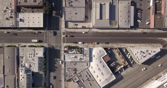 4k drone aerial downtown los angeles with traffic, bikes, skyline, city hall, police building
