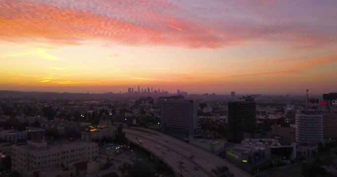 stunning 4k drone aerial footage downtown hollywood capitol records building vine street and incredible sunset with nightlife