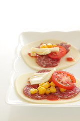 Fusion food, gyoza dough and tomato cheese bake for pizza style