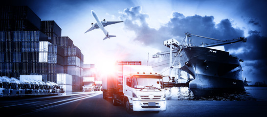 Container truck in ship port for business Logistics and transportation of Container Cargo ship and...
