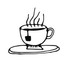 Cute cup with aromatic coffee in a hand drawn doodle style. For your highest seasonal design, packaging, menus and stickers. Isolated on white background