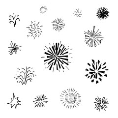 Obraz premium Cute doodle set of fireworks explosions and a ray of sunshine. For stickers, icons, design and decor. Isolated on a white background.