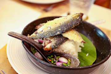 Fried Mackerel Rice : fried rice or stir-fried rice with fish, rice topped with mackerel