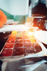 Plan view of a watercolor paint box. Close up and macro.