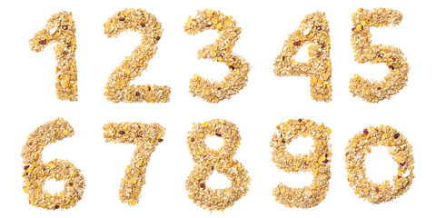 Arabic numerals   from muesli with coconut, berries, raisins, cereal and natural cereals  on a white isolated background. Food pattern made from granola.  bright  numeral for design.