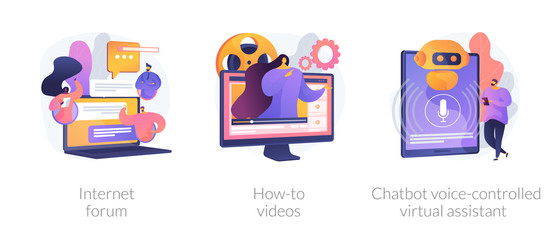 Remote communication, life hack media, automated online helper. Internet forum, how-to videos, chatbot voice-controlled virtual assistant metaphors. Vector isolated concept metaphor illustrations. © Visual Generation