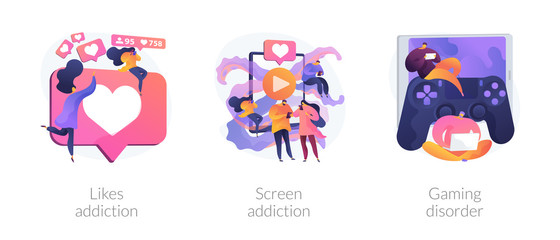 Technology addiction, lack of live communication, psychological problems. Likes addiction, screen addiction, gaming disorder metaphors. Vector isolated concept metaphor illustrations.