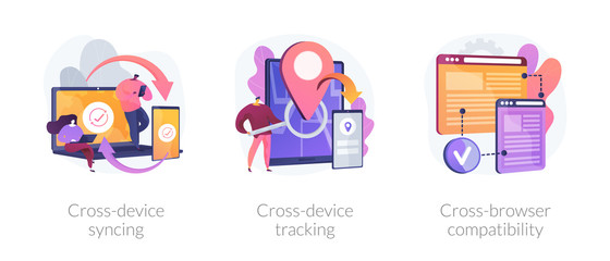 Cross platform software. Synchronized devices, browser sync. Cross-device syncing, cross-device tracking, cross-browser compatibility metaphors. Vector isolated concept metaphor illustrations. - obrazy, fototapety, plakaty