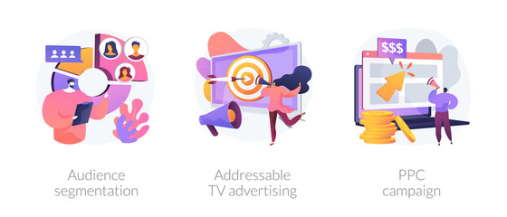 Targeted promotion, SEO, digital marketing. Geotargeting, CPC advertisement. Audience segmentation, addressable tv advertising, ppc campaign metaphors. Vector isolated concept metaphor illustrations.