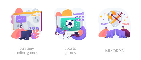 Internet and video gamers streaming. Cybersport tournament. Modern entertainment and pastime. Strategy online games, sports games, MMORPG metaphors. Vector isolated concept metaphor illustrations.