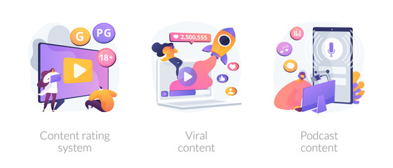 Social media blogging. Movie streaming, online network likes and followers attracting. Content rating system, viral content, podcast content metaphors. Vector isolated concept metaphor illustrations. - obrazy, fototapety, plakaty