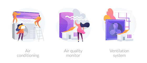 Indoor weather and climate control technology. Cooling and heating appliance. Air conditioning, air quality monitor, ventilation system metaphors. Vector isolated concept metaphor illustrations.