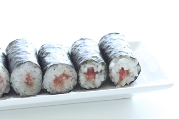 Japanese food, tuna and seaweed rice sushi roll