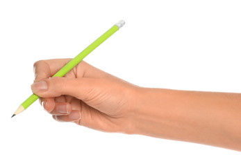 Woman holding ordinary pencil on white background, closeup