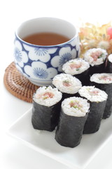 Japanese food, tuna and seaweed rice sushi roll