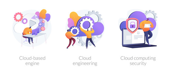 Virtual information protection, online data storage safety. Cloud-based engine, cloud engineering, cloud computing security metaphors. Vector isolated concept metaphor illustrations.