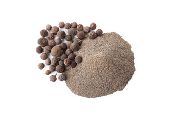 Spicy milled and whole black peppers isolated on white, top view