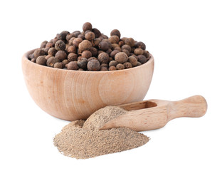 Spicy milled and whole black pepper isolated on white