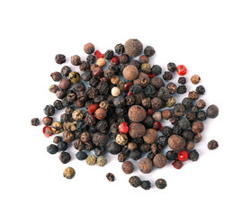 Different peppers mix on white background, top view