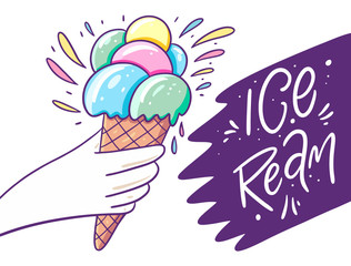 Green, blue, pink and yellow balls ice cream in waffle cone. Vector illustration. Flat cartoon style.