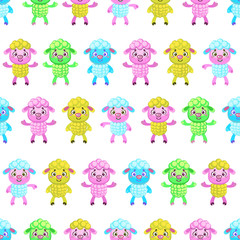 Fototapeta premium Cartoon funny multicolored sheeps seamless pattern
