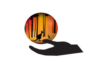Australia forest fire, Hand hold Australian Kangaroo in forest fire with Australian national flag  background, Save australia concept, Pray for australia, sign symbol background, vector illustration.