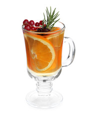 Delicious aromatic mulled wine isolated on white