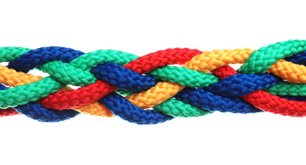 Braided colorful ropes isolated on white. Unity concept