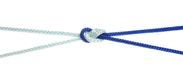 Fototapeta premium Colorful ropes tied together with knot isolated on white. Unity concept