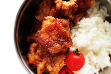 Chinese food, fried chicken and rice packed lunch