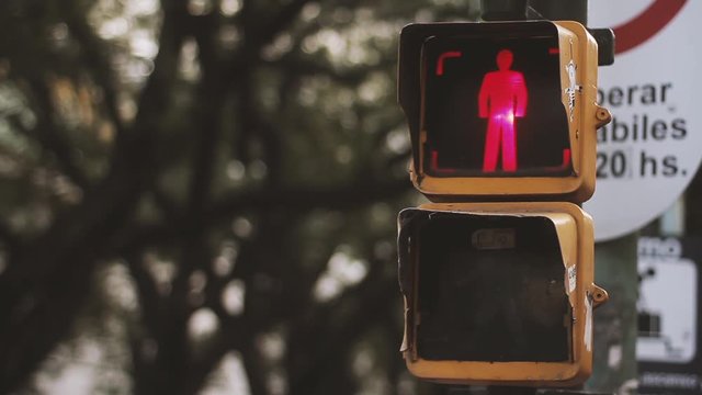 An Old Pedestrian Traffic Light In Buenos Aires, Capital Of Argentina. Close-Up.
