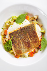 Fried Trout Fillet and Vegetable Stew with Herbs Espuma