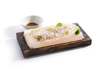 Fototapeta na wymiar Sea Perch Ceviche or Redfish Cebiche on Restaurant Plate Isolated