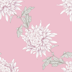 Seamless background with chinese chrysanthemums and ornament on backdrop.