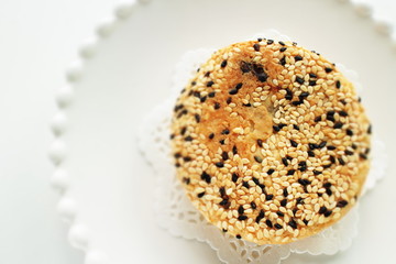 Chinese confectionery, black sesame paste cake on dish