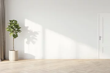 Printed roller blinds Wall Plant against a white wall mockup. White wall mockup with brown curtain, plant and wood floor. 3D illustration.