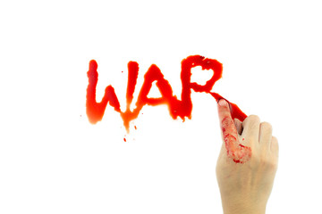 War word is written with finger bloody on a white background