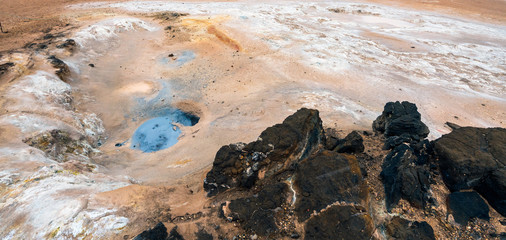 Textured, cracked and patterned mud hot pool and rocks in the Namaskard/Myvatn area in Icelandic nature. Geothermal and active volcanic ground. Geology and energy concept.