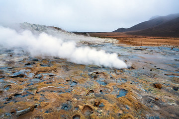 Hot sulfuric steam vent spewing sulphur steam in the hot sulfuric and geothermal area of Namaskard...