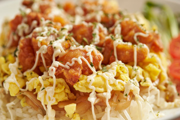 Fried chicken with egg on rice