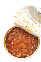 Canned food, spicy beef on white background with copy space