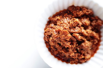 Taiwanese food, spicy ground beef on rice with copy space