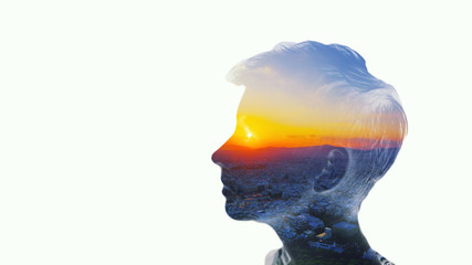 Double multiply exposure beautiful woman head silhouette portrait white isolated with sun in eye sky, sunset nature. Psychology, philosophy power of mind, human spirit, mental health, life zen concept