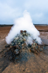 Hot sulfuric steam vent spewing sulphur steam in the hot sulfuric and geothermal area of Namaskard in Myvatn/Iceland. Color and mineral rich textured muddy ground infront.