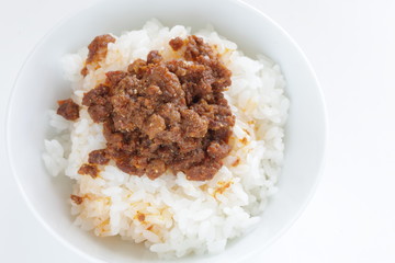 Taiwanese food, spicy ground beef on rice with copy space