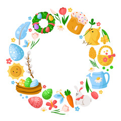 Cartoon Easter Day round frame or circle, easter eggs, spring flowers, rabbit, chiken, willow branch, floral wreath, tulips, cake, isolated on white for cards, print, your designs - vector